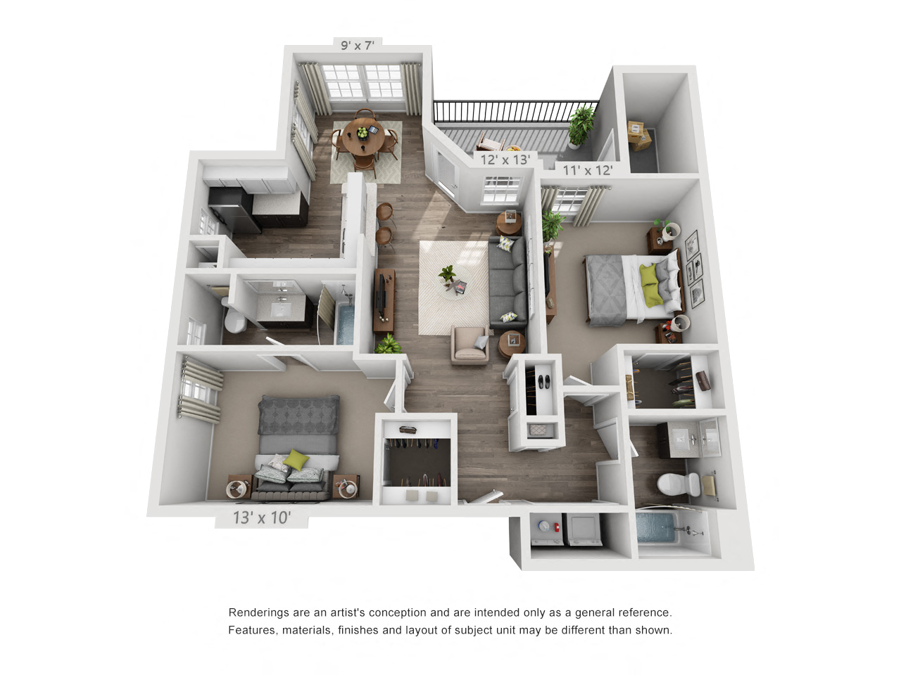 Floor plan for 2 beds, 2 baths, 974 sqft